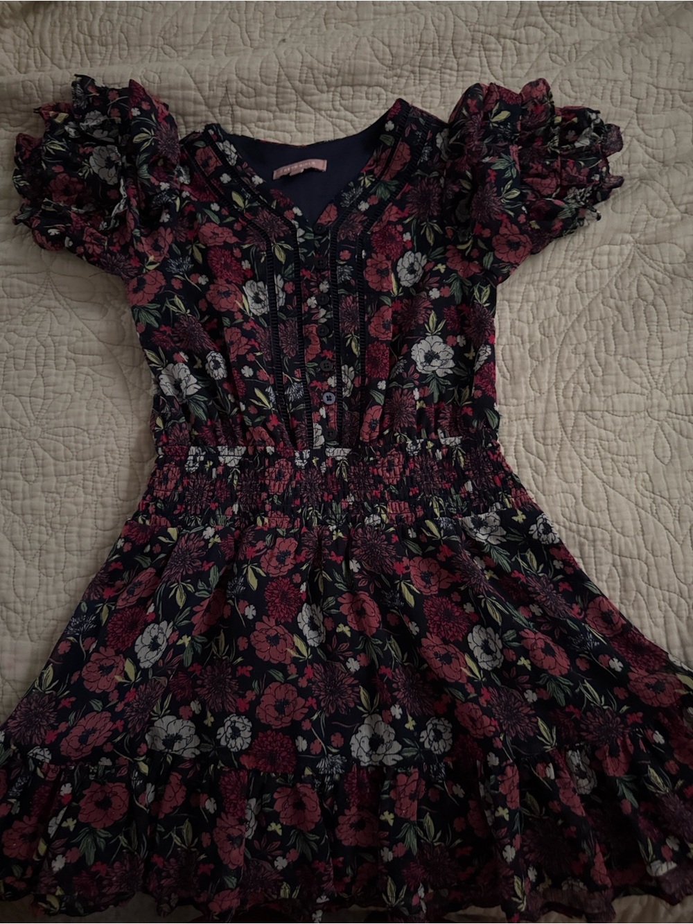 BCBG Navy Floral Ruffle Sleeve Dress with Pink and White Blooms